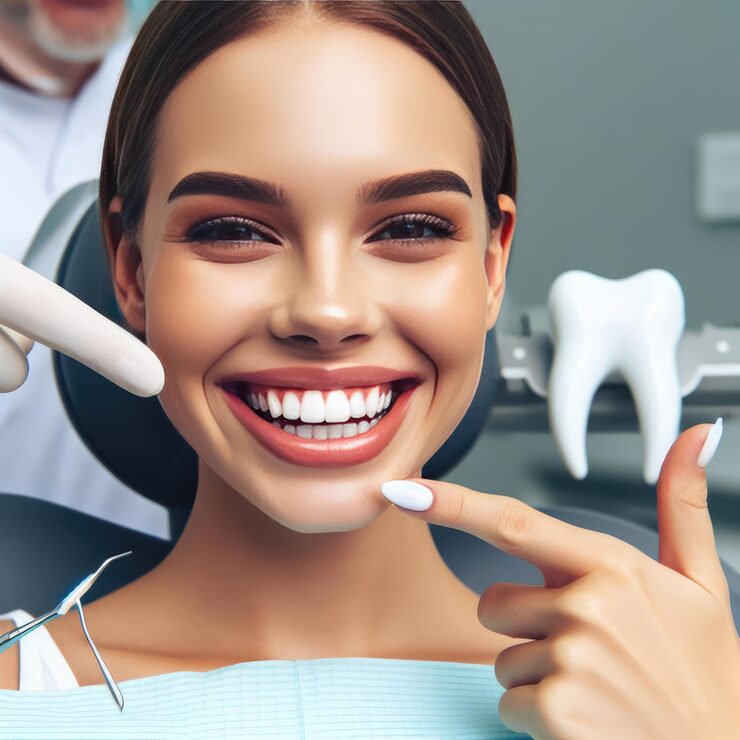 happy girl pointing fingers white perfect smile straight whitened teeth 1026553 29011