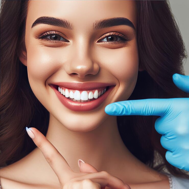 happy girl pointing fingers white perfect smile straight whitened teeth 1026553 29015