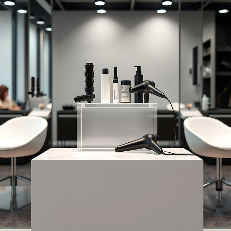 salon with hair products tools perched atop chic two tier podium acrylic glossy contempor 1020495 663186